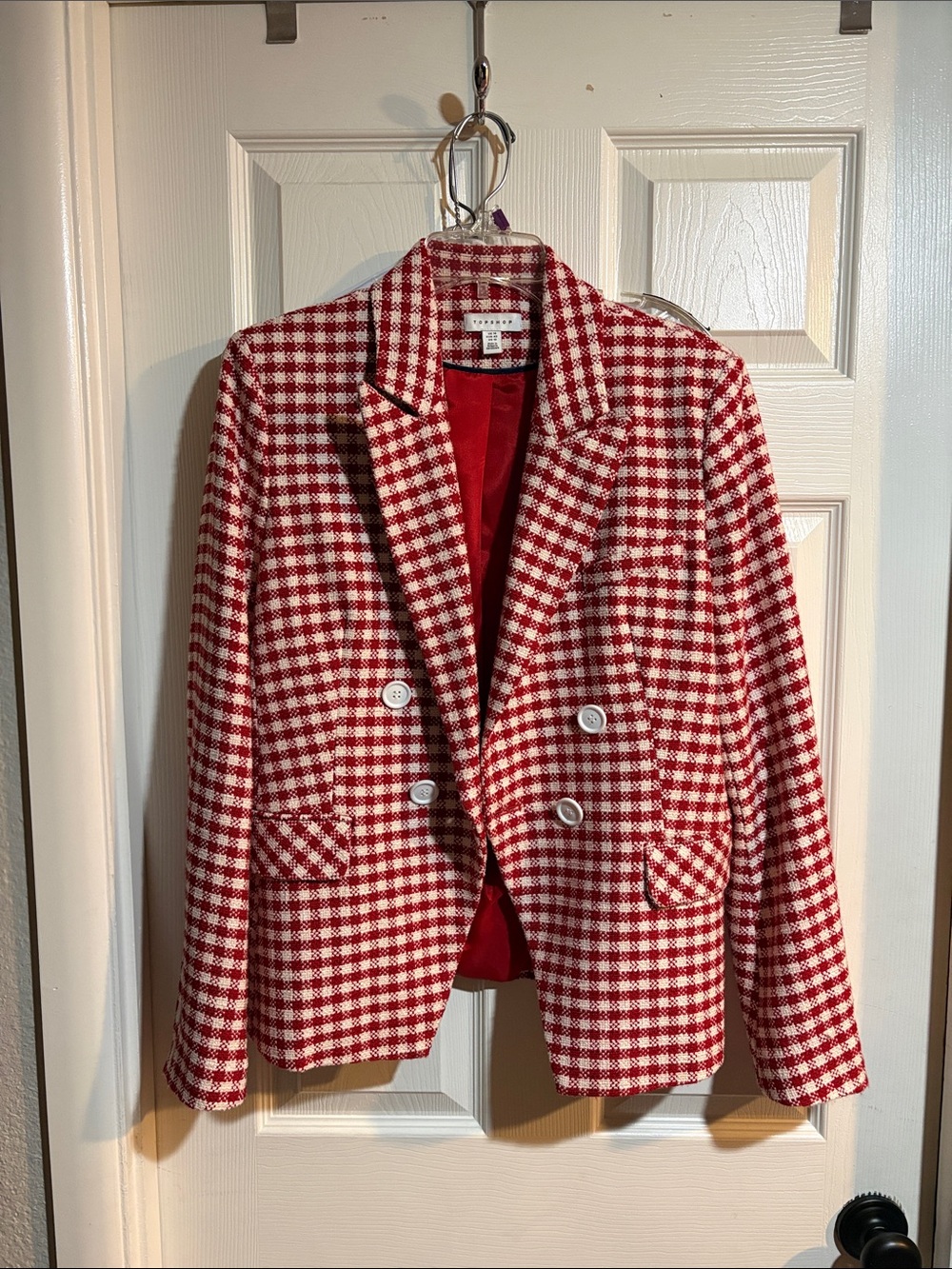 Topshop Women's Red & White Check Double-Breasted Blazer